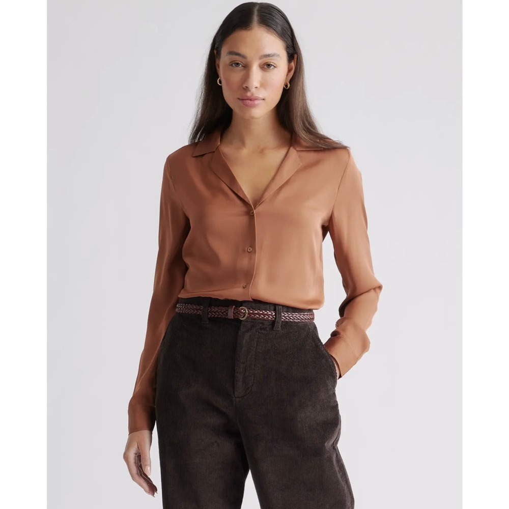 Quince Copper Brown Washable Stretch Silk Notch Collar Blouse NWT size Small